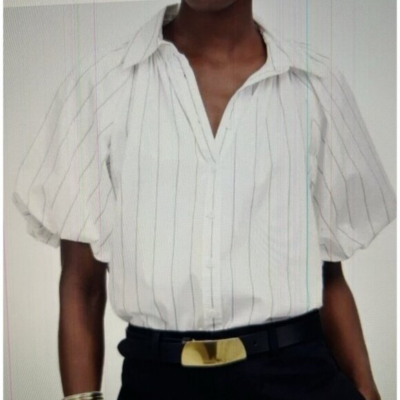 Madewell $98 Shirred Bubble Sleeve Button Up Shirt White/Black Size M NU477 - Picture 2 of 15